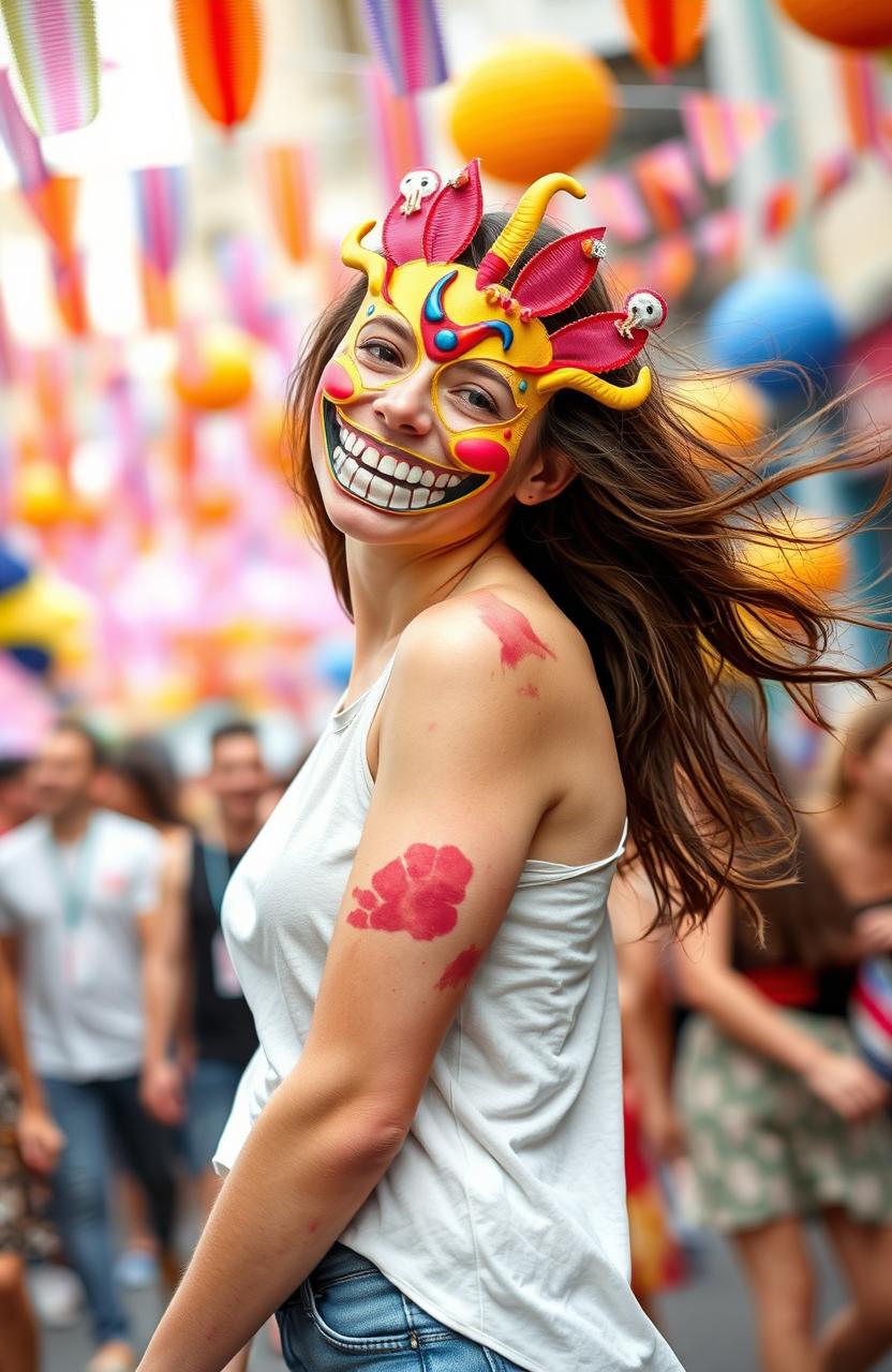 A young woman with visible bruises on her face and body, wearing a vibrant, happy mask that contrasts with her injuries