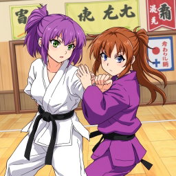 Anime-style illustration featuring two karate girls: one with brown hair and the other with striking purple hair