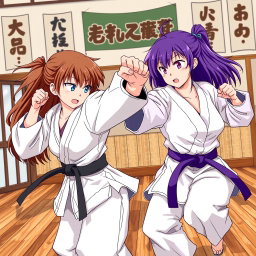 Anime-style illustration featuring two karate girls: one with brown hair and the other with striking purple hair