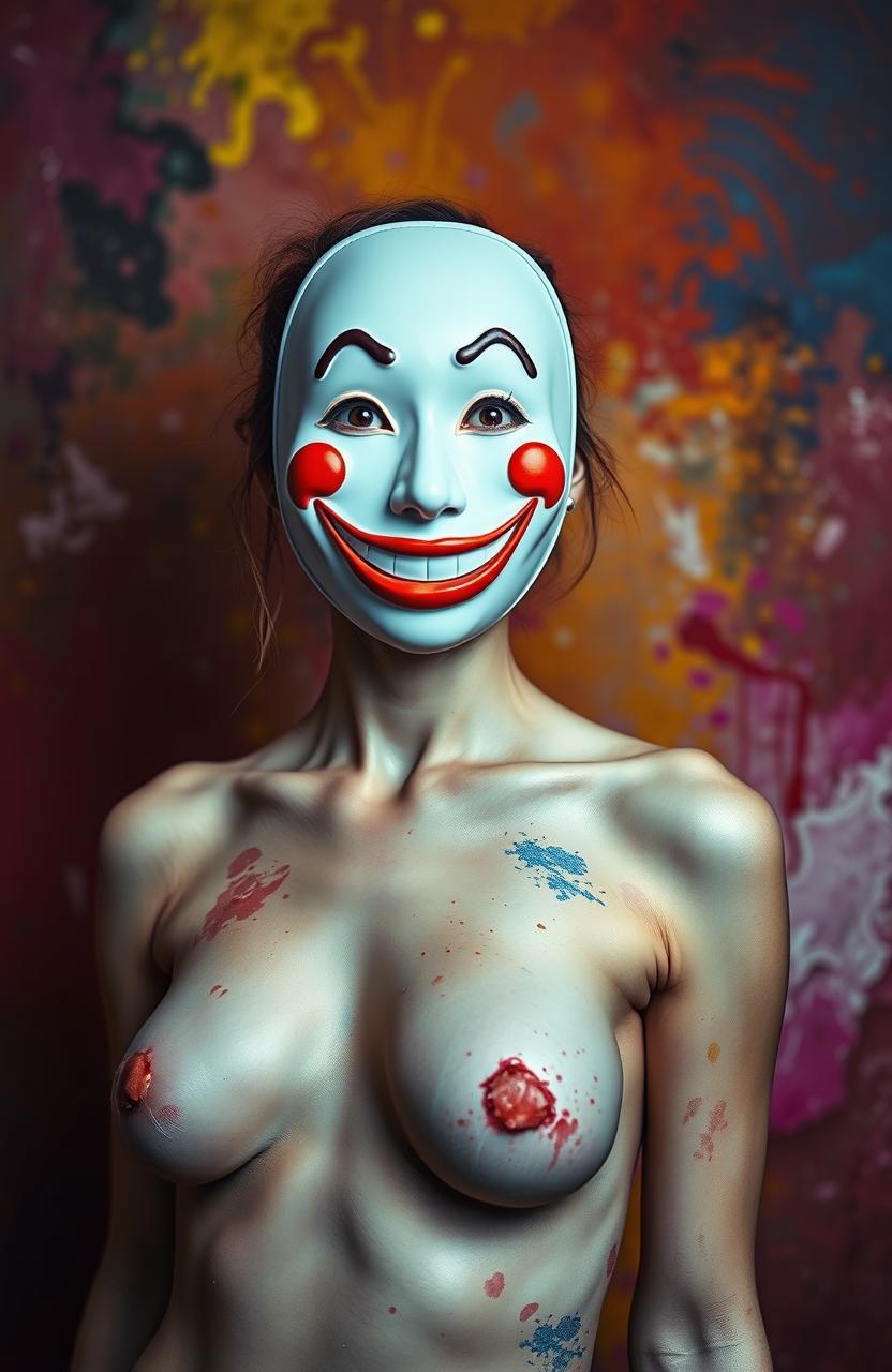A striking and surreal image of a woman with a happy face mask, standing confidently