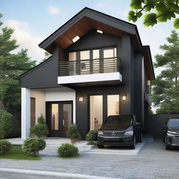 Generate a cozy, black house with a 6x6 meter floor area, divided between a garage and a functional space including a kitchen, living room, and bathroom. Include a second floor of equal size housing two bedrooms, attached to a spacious balcony.