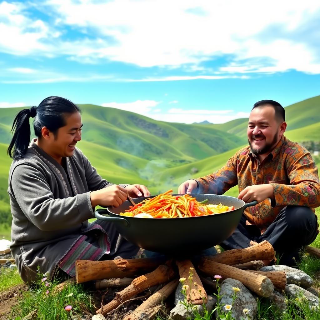 Two Mongolian men joyfully cooking tsuivan, a traditional noodle dish, in a picturesque natural setting