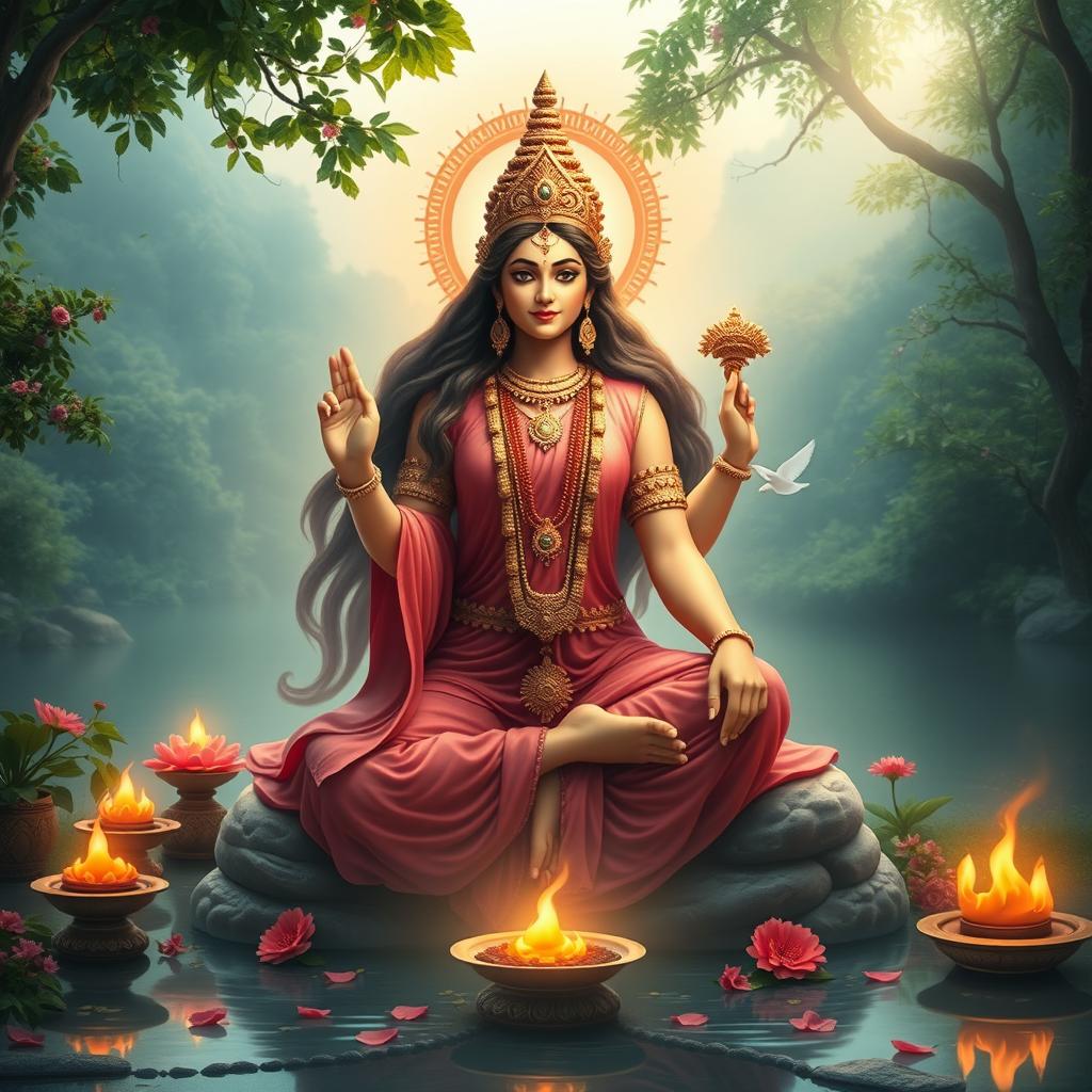 A serene and vibrant depiction of Mata Bhagavati Devi, the divine feminine energy represented as a beautiful and graceful figure, radiating warmth and wisdom