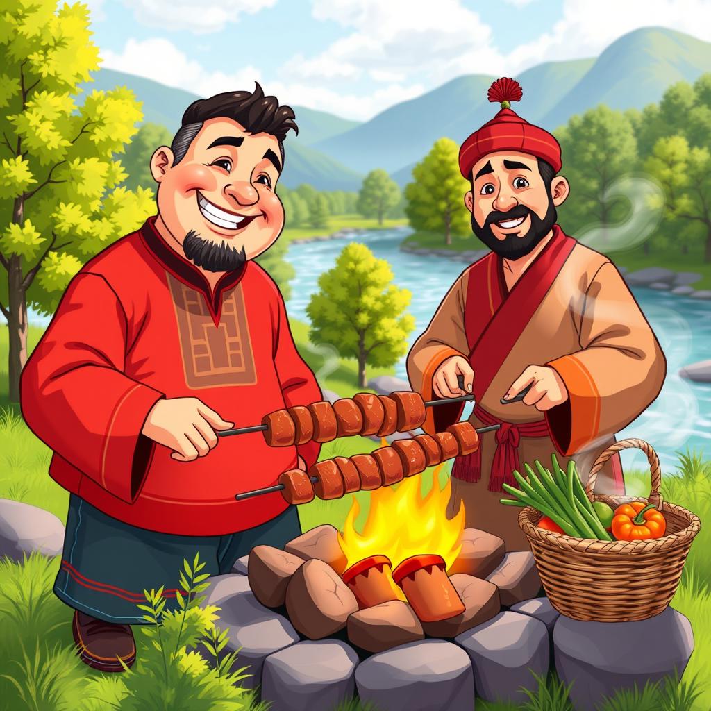 A vibrant animation-style scene featuring two Mongolian men cooking outdoors
