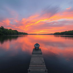 A serene landscape featuring a tranquil sunset over a calm lake, surrounded by lush green trees