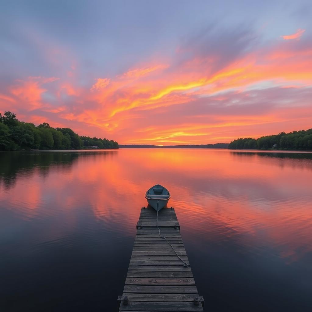 A serene landscape featuring a tranquil sunset over a calm lake, surrounded by lush green trees
