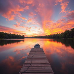 A serene landscape featuring a tranquil sunset over a calm lake, surrounded by lush green trees