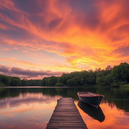 A serene landscape featuring a tranquil sunset over a calm lake, surrounded by lush green trees
