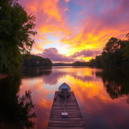 A serene landscape featuring a tranquil sunset over a calm lake, surrounded by lush green trees