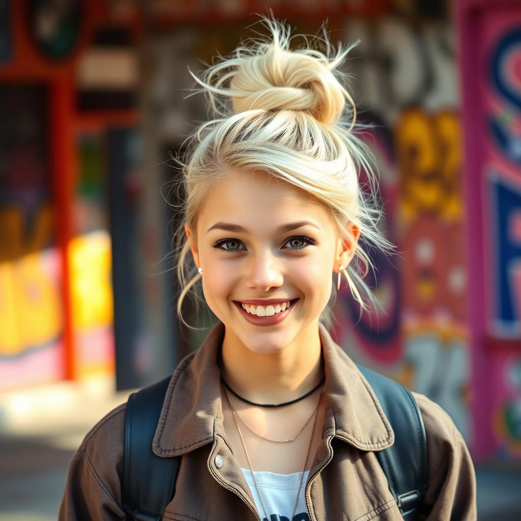 A fashionable teenager with a stylish blonde bun hairstyle, dressed in trendy clothing