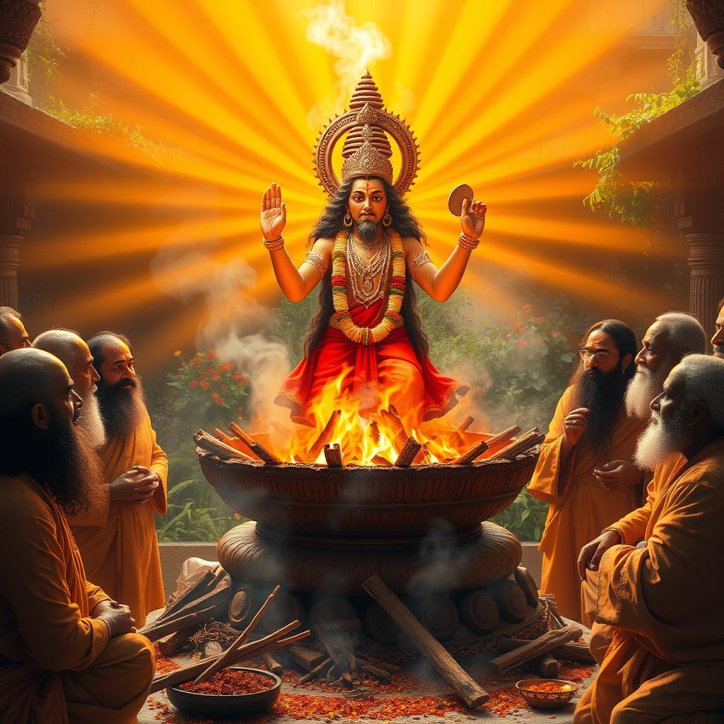Agnideva, the Hindu fire god, emerges majestically from a traditional havan kundi (fire pit), surrounded by radiant golden rays that illuminate the scene