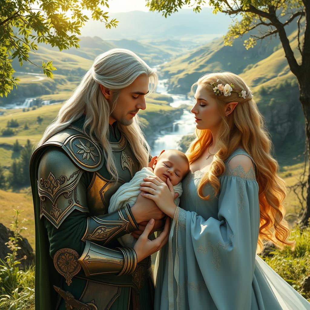A beautiful scene set in Middle Earth featuring a male and female elf