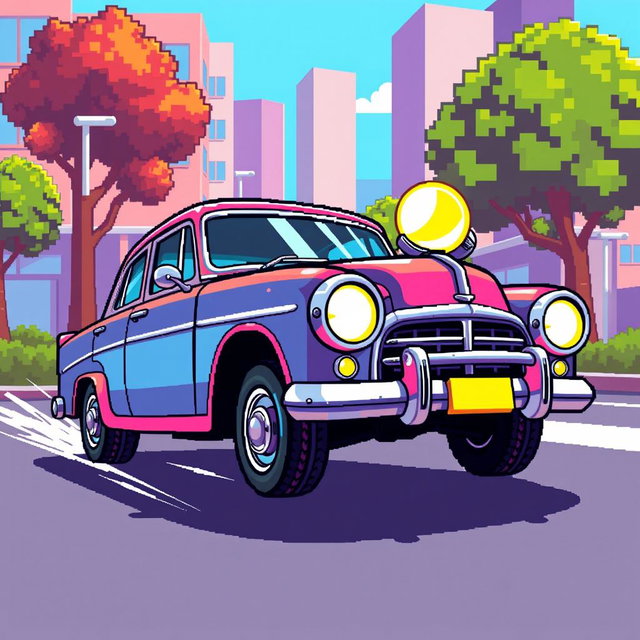 A vibrant pixel art illustration of a retro-style car featuring oversized light bulbs that are bright and shining