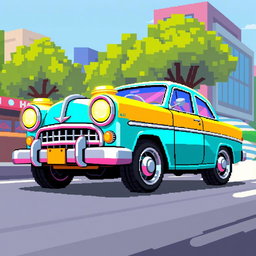 A vibrant pixel art illustration of a retro-style car featuring oversized light bulbs that are bright and shining