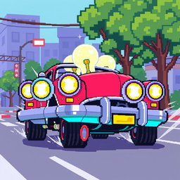 A vibrant pixel art illustration of a retro-style car featuring oversized light bulbs that are bright and shining