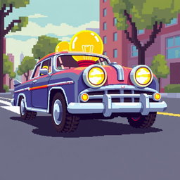 A vibrant pixel art illustration of a retro-style car featuring oversized light bulbs that are bright and shining