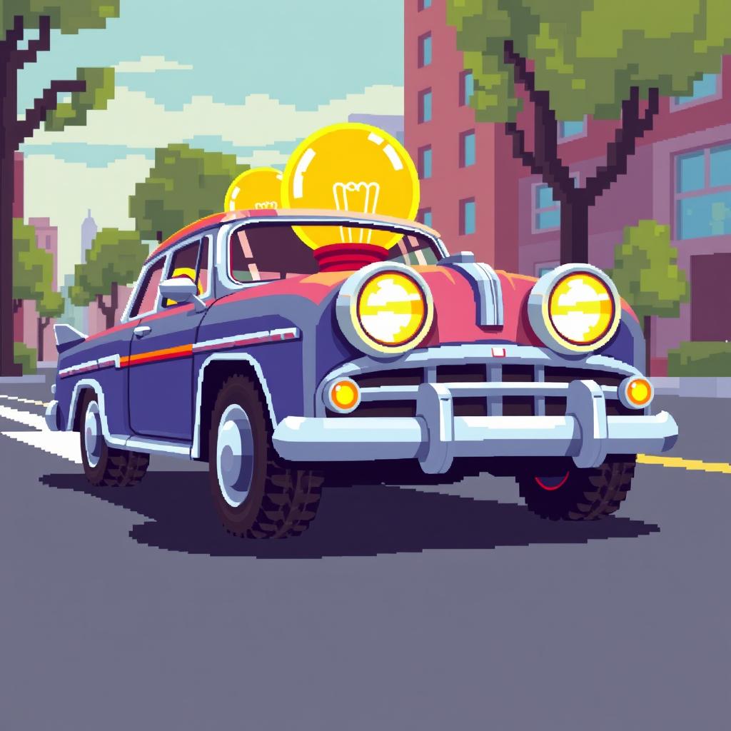 A vibrant pixel art illustration of a retro-style car featuring oversized light bulbs that are bright and shining