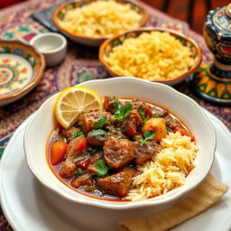 A beautifully arranged Persian stew, featuring a vibrant blend of ingredients including tender chunks of lamb, rich herbs, and aromatic spices