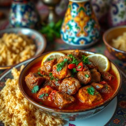 A beautifully arranged Persian stew, featuring a vibrant blend of ingredients including tender chunks of lamb, rich herbs, and aromatic spices