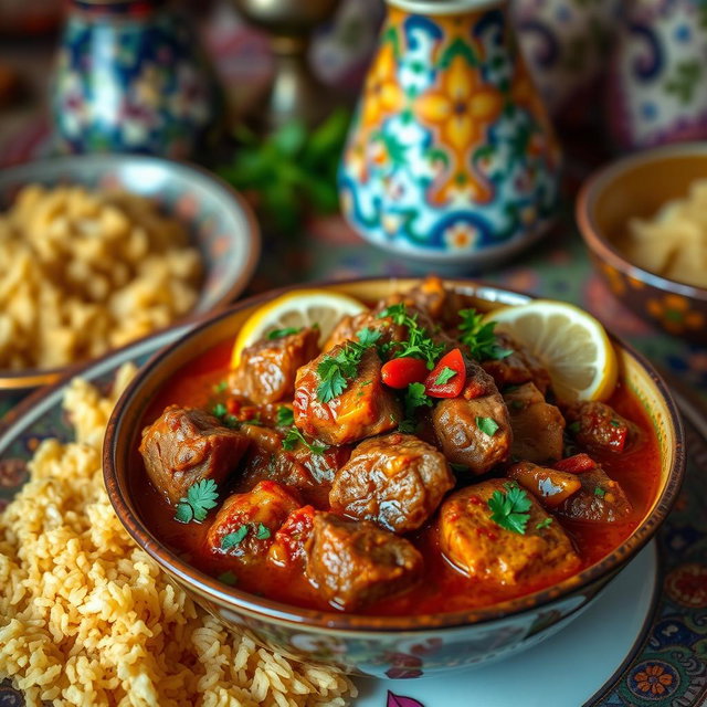 A beautifully arranged Persian stew, featuring a vibrant blend of ingredients including tender chunks of lamb, rich herbs, and aromatic spices