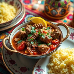 A beautifully arranged Persian stew, featuring a vibrant blend of ingredients including tender chunks of lamb, rich herbs, and aromatic spices
