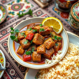 A beautifully arranged Persian stew, featuring a vibrant blend of ingredients including tender chunks of lamb, rich herbs, and aromatic spices