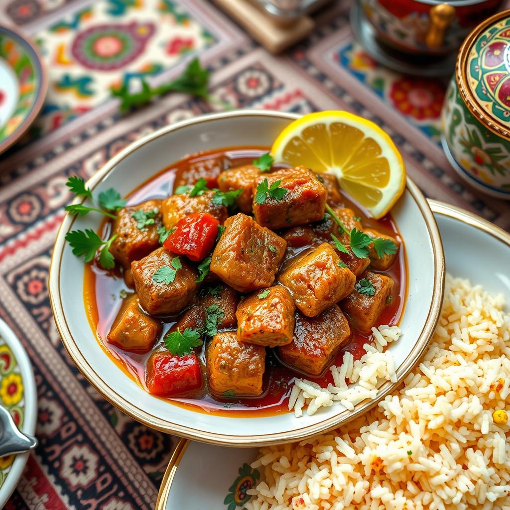 A beautifully arranged Persian stew, featuring a vibrant blend of ingredients including tender chunks of lamb, rich herbs, and aromatic spices