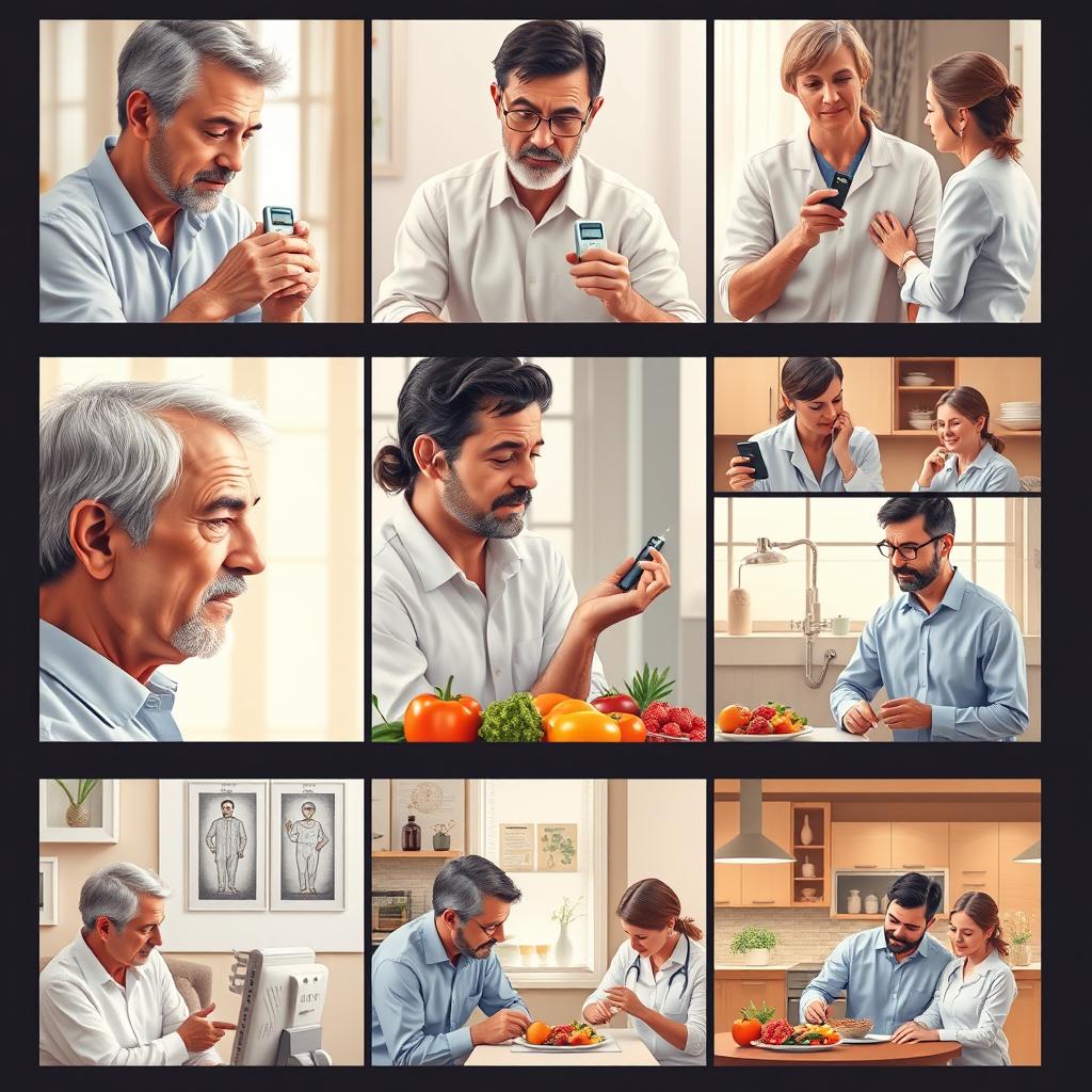 A series of 10 images depicting a male patient suffering from diabetes receiving care from a female caregiver