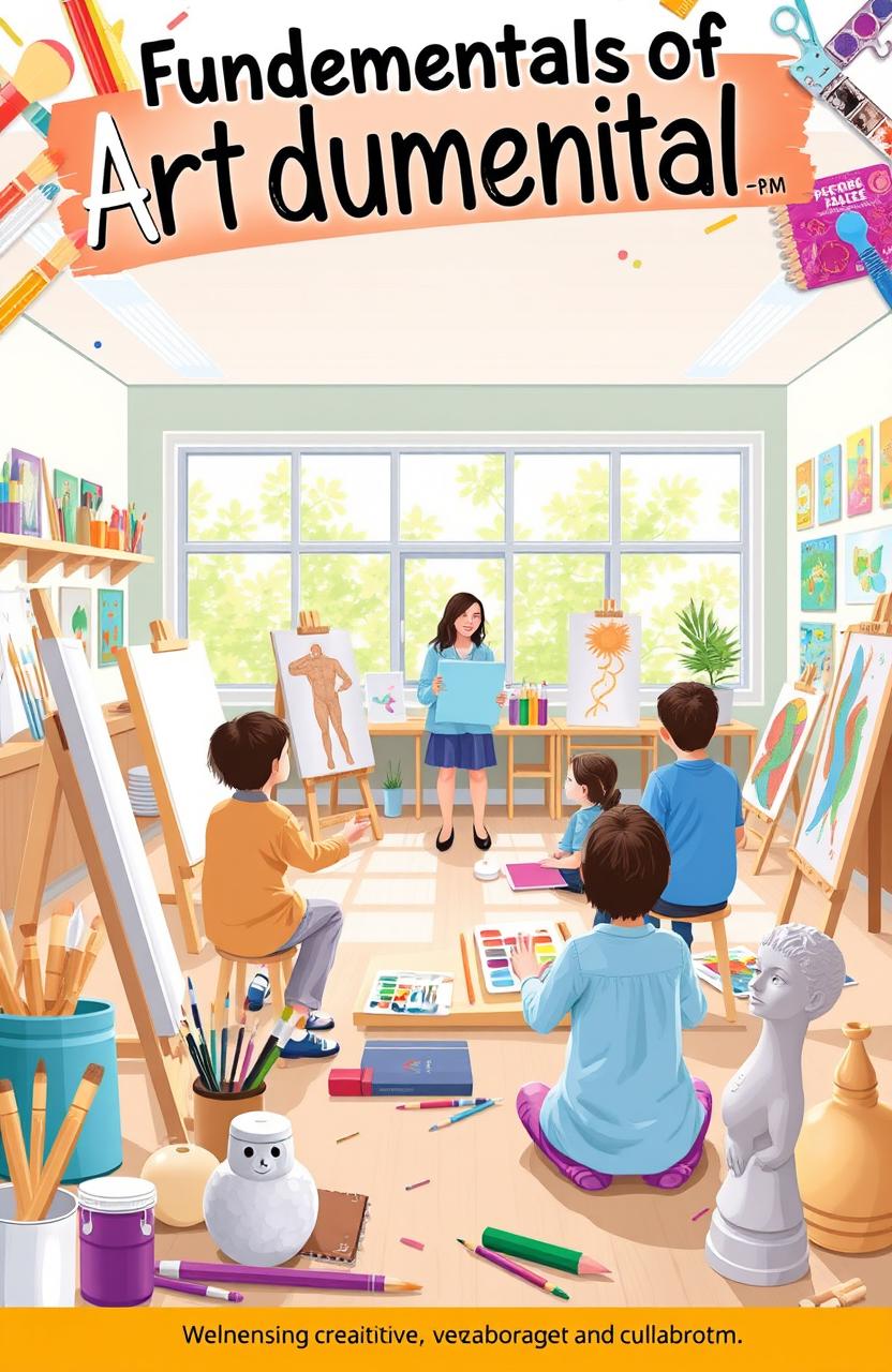 An engaging and educational visual representation of the fundamentals of art education, showcasing various art tools and mediums like paintbrushes, easels, watercolor, pastels, sketch pads, and sculptures