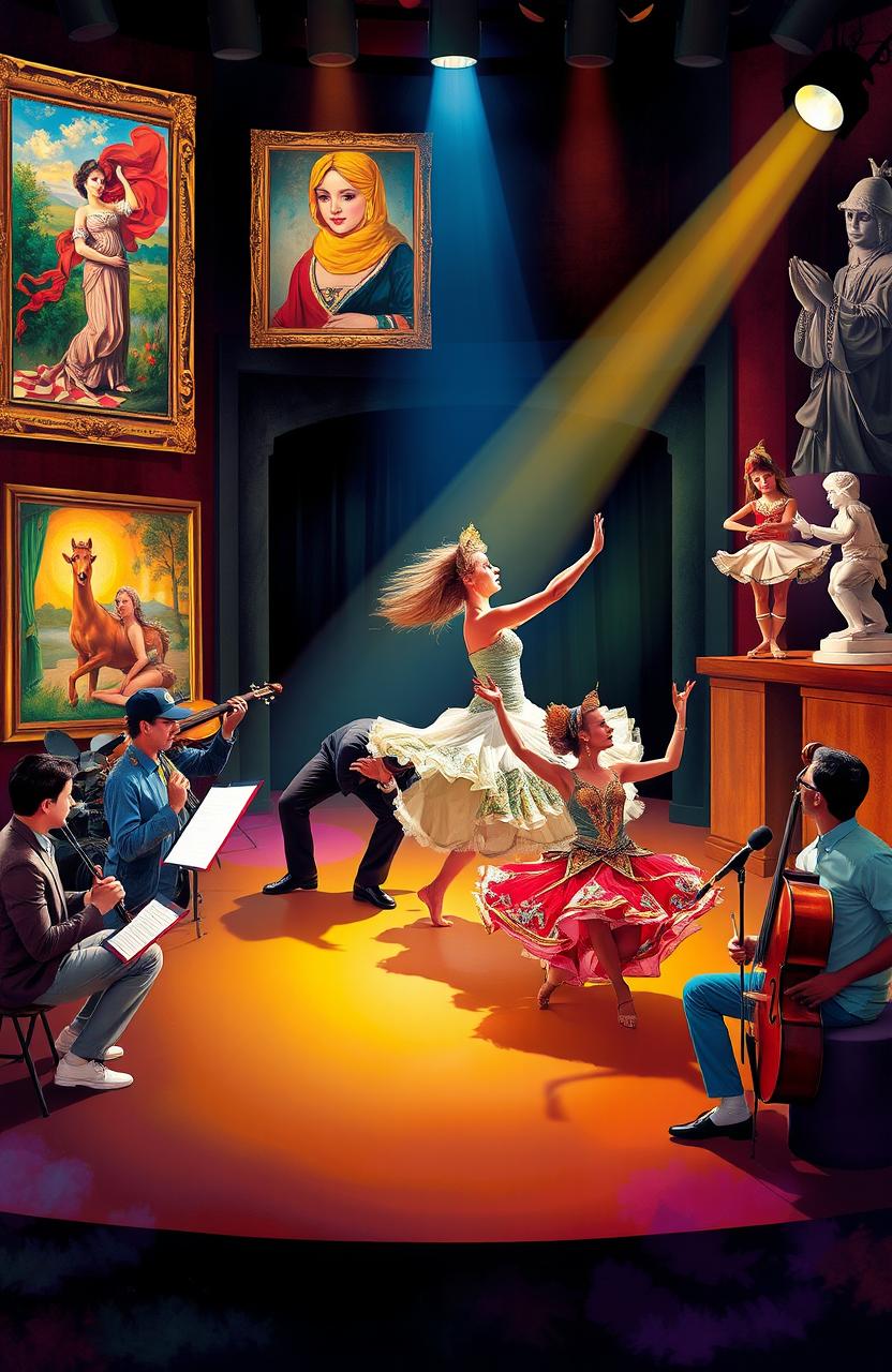 A vibrant and colorful visual representation that merges the elements of dance, music, visual arts, and theater
