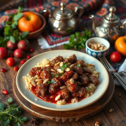 A traditional Iranian stew known as 'خورش به مع ارز بني', showcasing a rich and vibrant plate of food