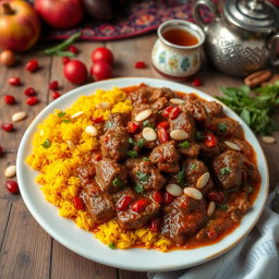 A traditional Iranian stew known as 'خورش به مع ارز بني', showcasing a rich and vibrant plate of food