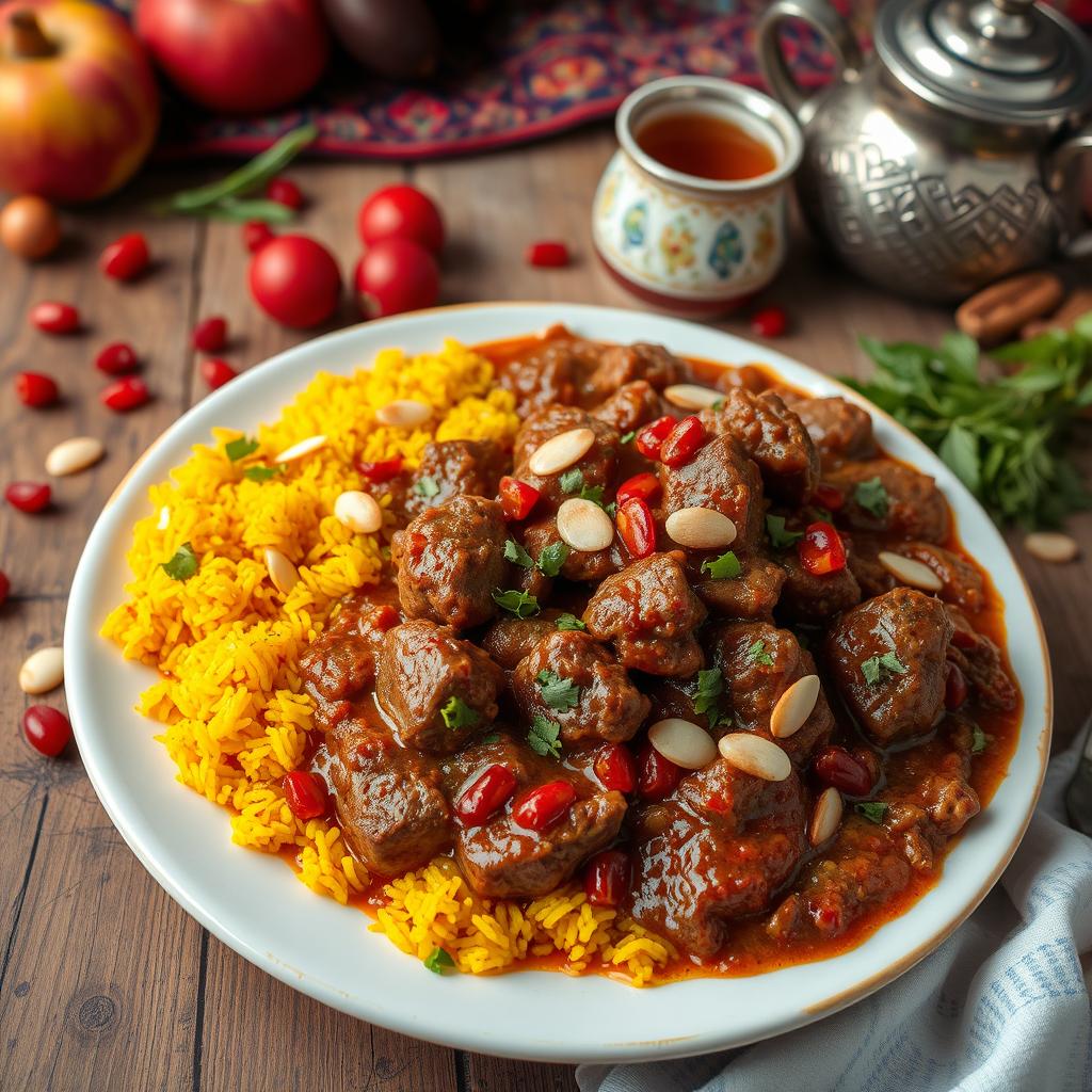 A traditional Iranian stew known as 'خورش به مع ارز بني', showcasing a rich and vibrant plate of food