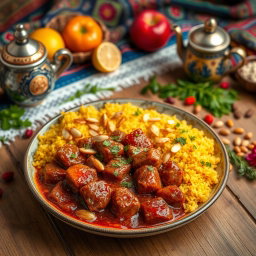 A traditional Iranian stew known as 'خورش به مع ارز بني', showcasing a rich and vibrant plate of food