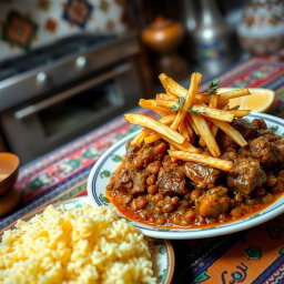 An exquisite serving of Persian Gheymeh, a traditional Iranian stew with a beautiful golden hue