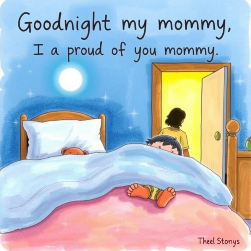 A warm and colorful drawing depicting a cozy bedroom at night
