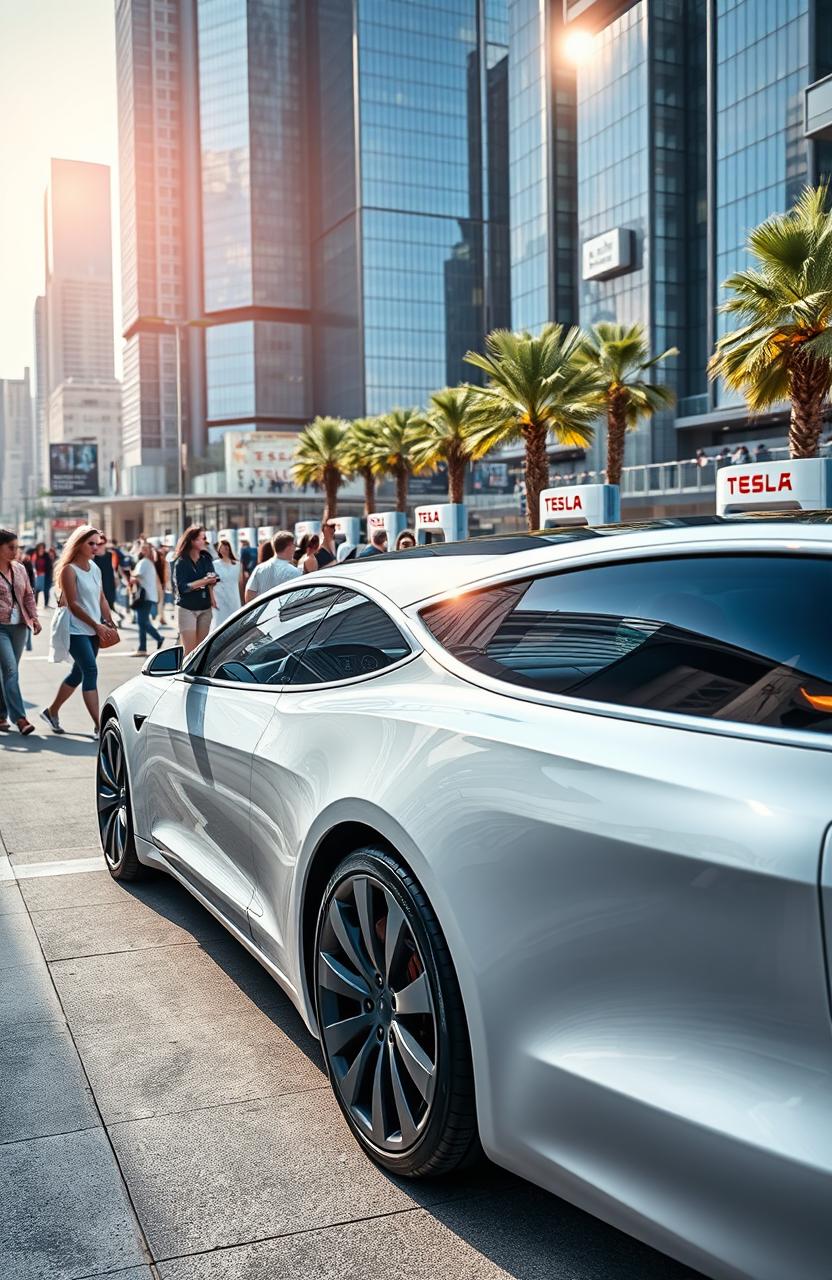 A sleek, modern Tesla electric car parked in a futuristic urban environment, showcasing its unique design with smooth lines, and a high-tech dashboard visible through the window