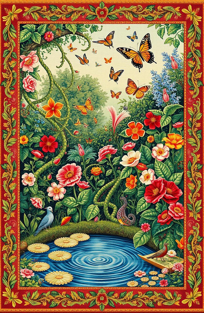 A richly detailed tapestry featuring a vibrant garden scene filled with exotic flowers, lush greenery, and whimsical creatures