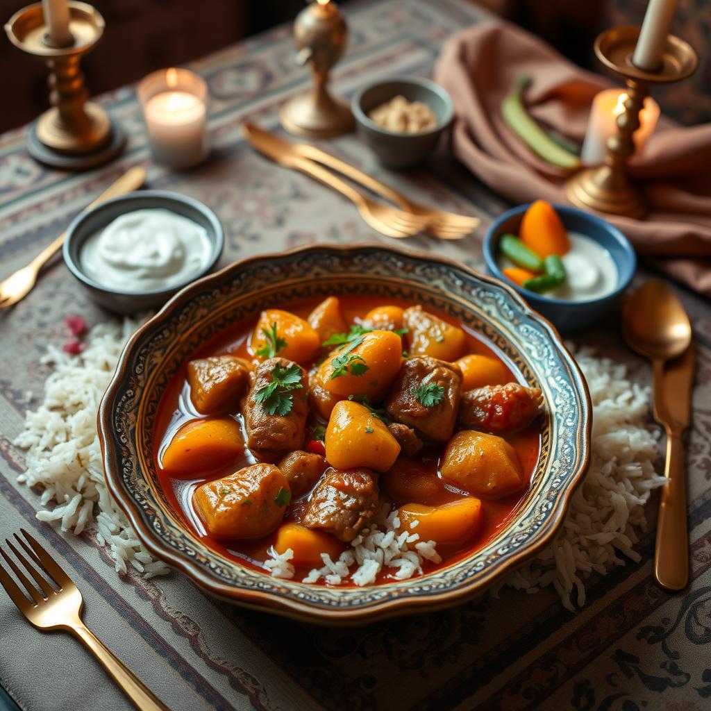 A delicious and traditional Iranian dish consisting of Khoresh (stew) with quince (be) and apricots (alu), beautifully presented in an ornate Persian ceramic dish, garnished with fresh herbs like parsley and mint
