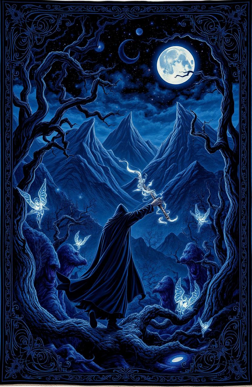 A dark fantasy tapestry depicting an enchanted forest with twisted trees and glowing mystical creatures
