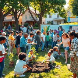A vibrant community scene filled with diverse individuals of various ages, ethnicities, and backgrounds, engaged in activities that showcase teamwork and solidarity