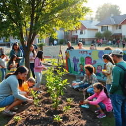 A vibrant community scene filled with diverse individuals of various ages, ethnicities, and backgrounds, engaged in activities that showcase teamwork and solidarity