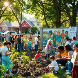 A vibrant community scene filled with diverse individuals of various ages, ethnicities, and backgrounds, engaged in activities that showcase teamwork and solidarity