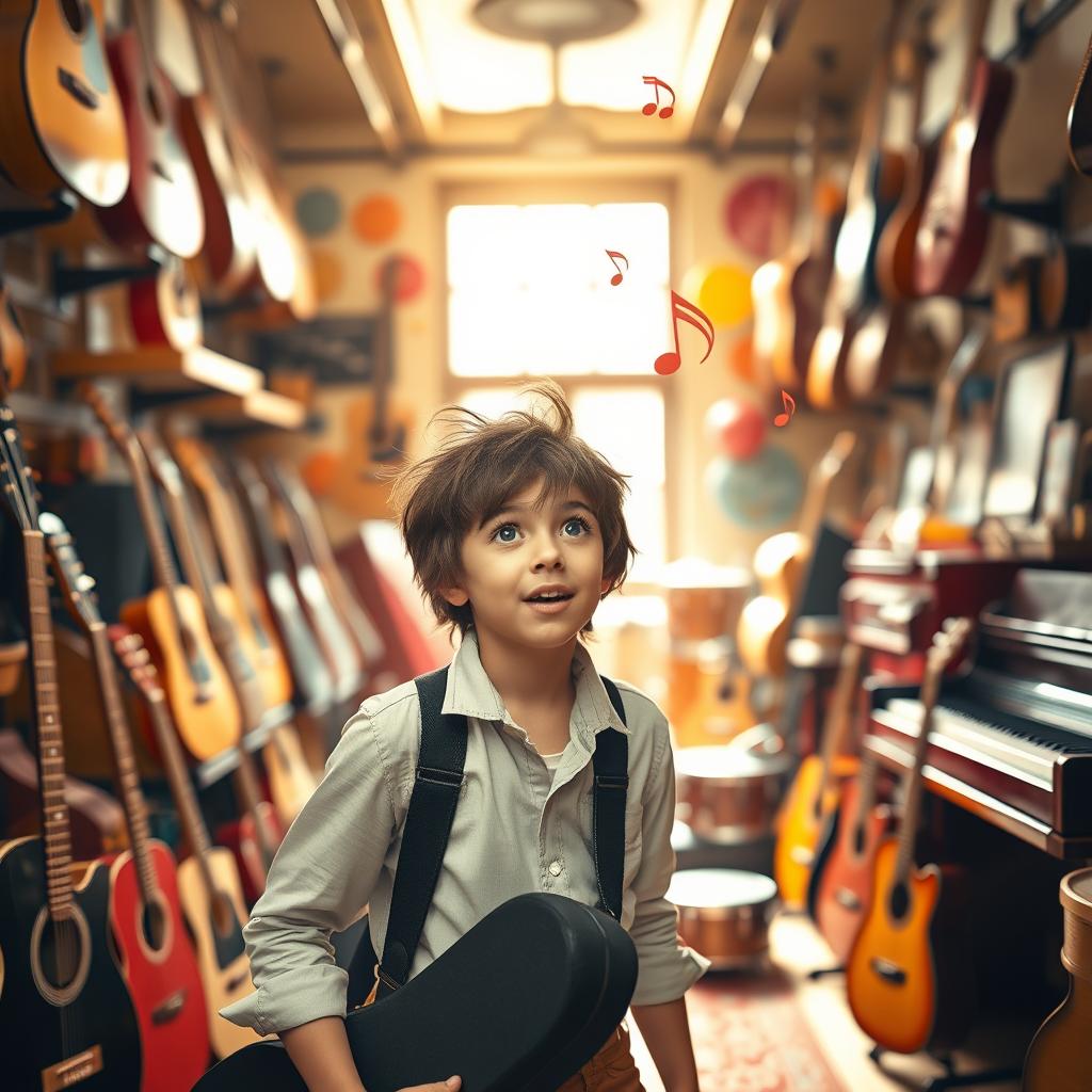 A young musician in a stylish outfit, with a look of amazement on their face as they step into a vibrant instrument store