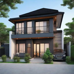 Generate a cozy, black house with a 6x6 meter floor area, divided between a garage and a functional space including a kitchen, living room, and bathroom. Include a second floor of equal size housing two bedrooms, attached to a spacious balcony.