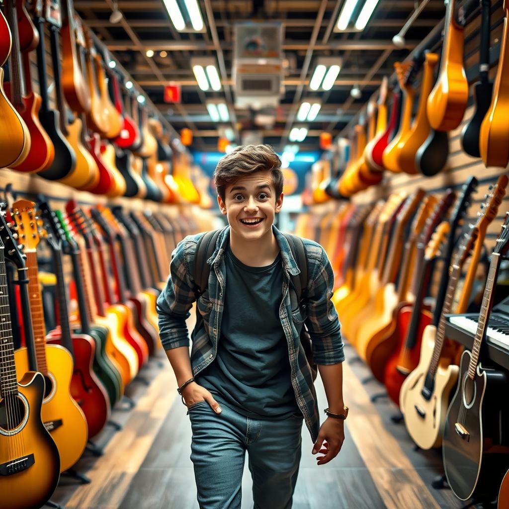 A young musician stepping into a large and well-lit musical instrument store, exhibiting a look of astonishment upon seeing the vast selection and affordability of the instruments available