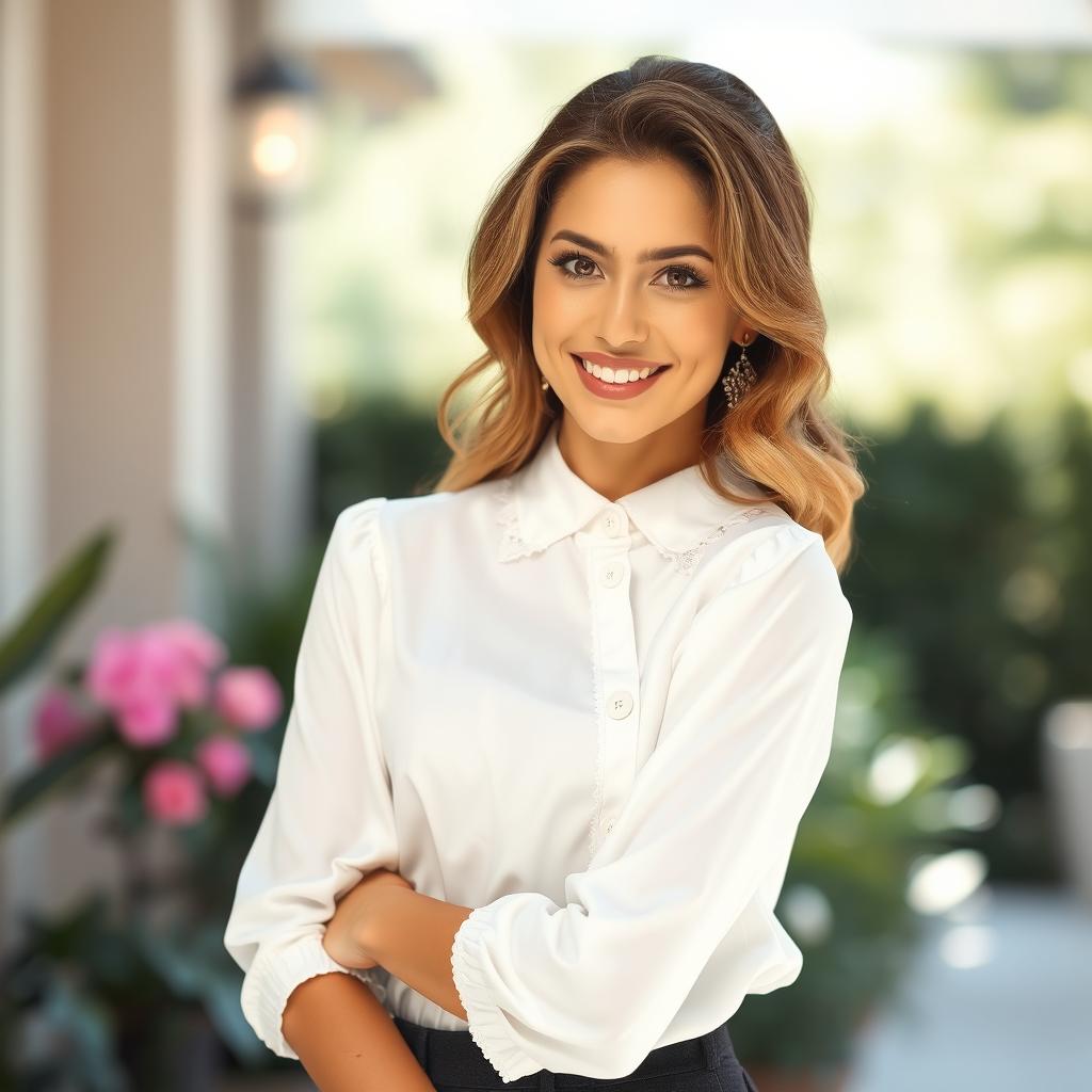 A beautiful woman wearing a crisp white blouse, perfectly tailored to accentuate her figure