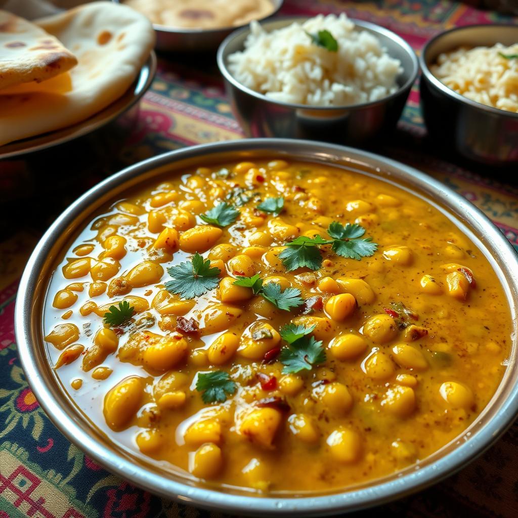 A delicious and vibrant plate of Dal Tadka, an Indian dish made with yellow lentils cooked to perfection, garnished with a rich tempering of spices including cumin seeds, garlic, and red chili