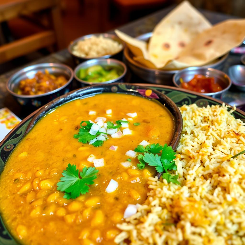 A vibrant and rich plate of Dal Tadka, featuring golden lentils cooked to perfection, garnished with a drizzle of ghee, finely chopped onions, and fresh cilantro