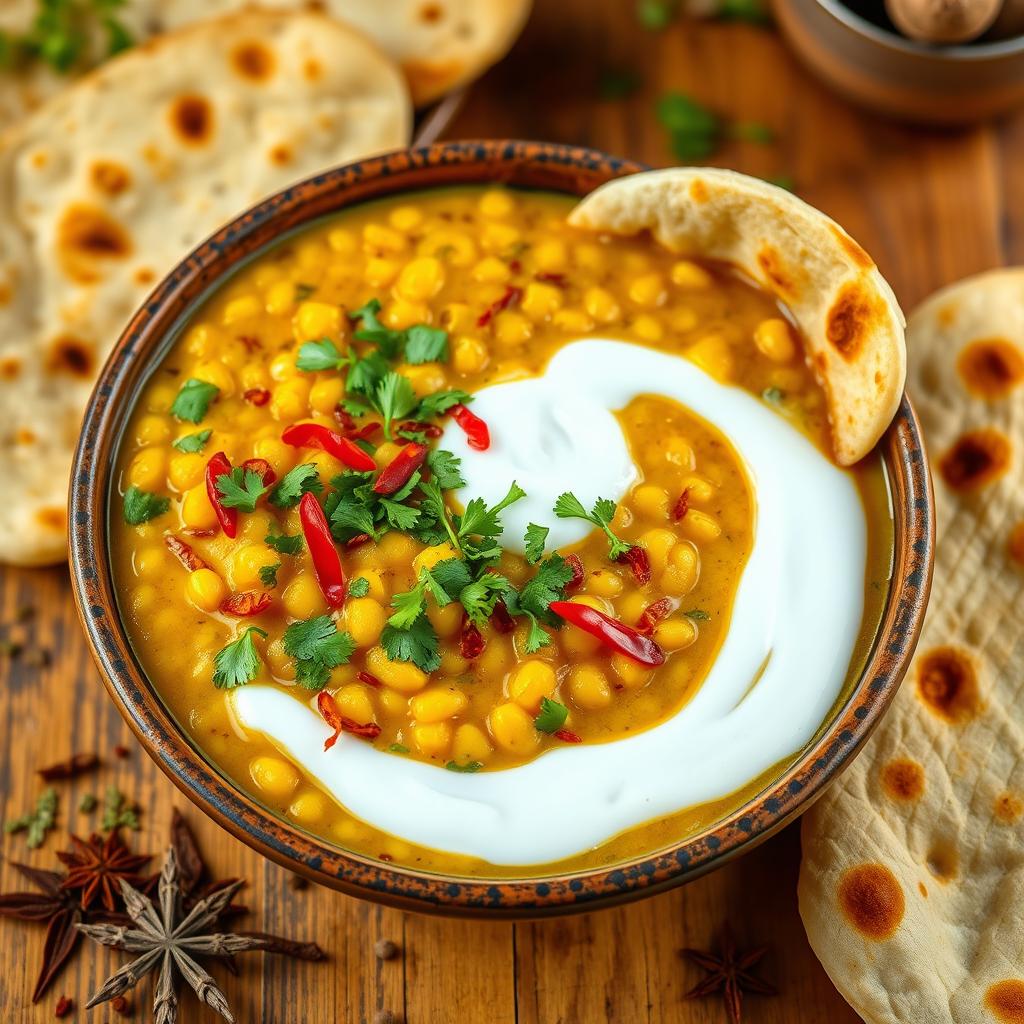 A vibrant and colorful platter of Dal Tadka, a traditional Indian dish, showcasing golden yellow lentils garnished with vibrant green cilantro and spiced up with fiery red chili flakes